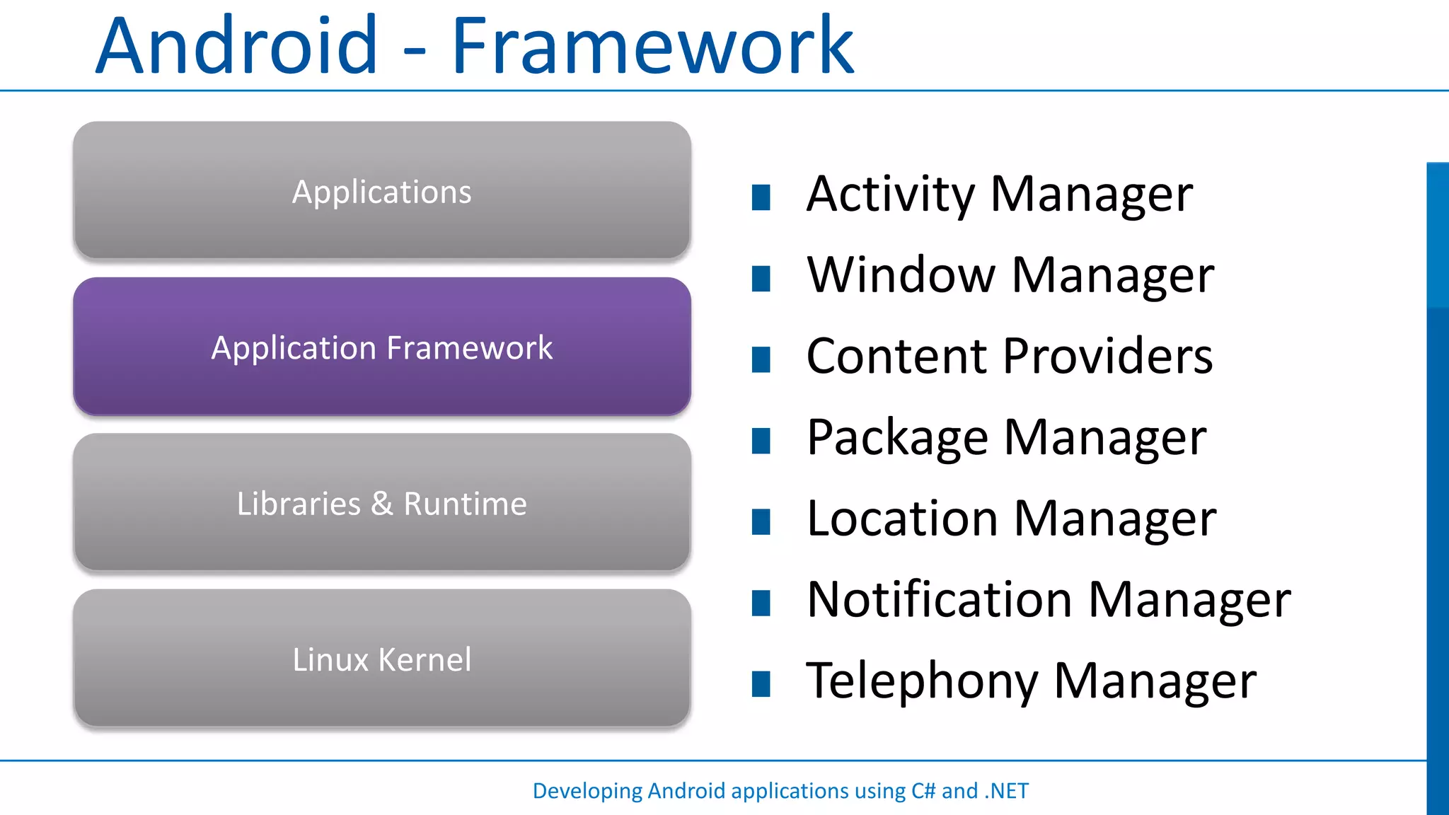 Android - Framework
      Applications                                 Activity Manager
                                                   Window Manager
  Application Framework                            Content Providers
                                                   Package Manager
   Libraries & Runtime
                                                   Location Manager
                                                   Notification Manager
      Linux Kernel
                                                   Telephony Manager
                         Developing Android applications using C# and .NET
 