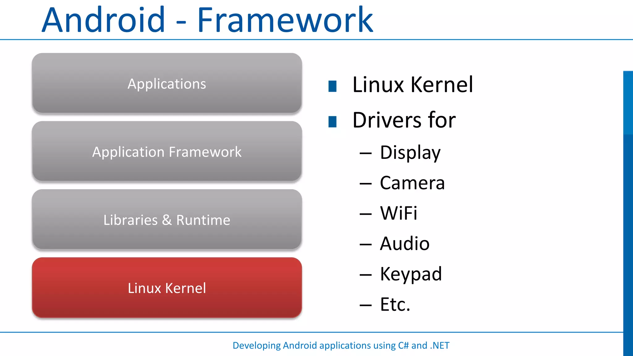 Android - Framework
      Applications                                 Linux Kernel
                                                   Drivers for
  Application Framework                              –    Display
                                                     –    Camera
   Libraries & Runtime                               –    WiFi
                                                     –    Audio
                                                     –    Keypad
      Linux Kernel
                                                     –    Etc.
                         Developing Android applications using C# and .NET
 