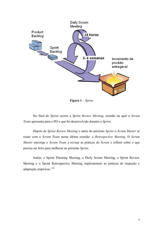 7 
Figura 1 – Sprint 
No final do Sprint ocorre a Sprint Review Meeting, reunião na qual o Scrum Team apresenta para o PO o que foi desenvolvido durante o Sprint. 
Depois da Sprint Review Meeting e antes do próximo Sprint o Scrum Master se reúne com o Scrum Team numa última reunião: a Retrospective Meeting. O Scrum Master encoraja o Scrum Team a revisar as práticas do Scrum e refletir sobre o que precisa ser feito para melhorar no próximo Sprint. 
Juntas, a Sprint Planning Meeting, a Daily Scrum Meeting, a Sprint Review Meeting e a Sprint Retrospective Meeting implementam as práticas de inspeção e adaptação empíricas. [4] 
 