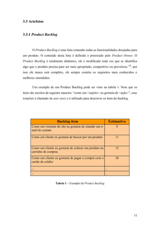 11 
3.3 Artefatos 
3.3.1 Product Backlog 
O Product Backlog é uma lista contendo todas as funcionalidades desejadas para um produto. O conteúdo desta lista é definido e priorizado pelo Product Owner. O Product Backlog é totalmente dinâmico, ele é modificado toda vez que se identifica algo que o produto precisa para ser mais apropriado, competitivo ou proveitoso [4], por isso ele nunca está completo, ele sempre contém os requisitos mais conhecidos e melhores entendidos. 
Um exemplo de um Product Backlog pode ser visto na tabela 1. Note que os itens são escritos da seguinte maneira: “como um <sujeito> eu gostaria de <ação>”, esse template é chamado de user story e é utilizado para descrever os itens do backlog. 
Backlog item Estimativa Como um visitante do site eu gostaria de mandar um e- mail de contato 8 Como um cliente eu gostaria de buscar por um produto 11 Como um cliente eu gostaria de colocar um produto no carrinho de compras 15 Como um cliente eu gostaria de pagar a compra com o cartão de crédito 38 ... ... ... ... 
Tabela 1 – Exemplo de Product Backlog 
 