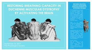 RESTORING BREATHING CAPACITY IN
DUCHENNE MUSCULAR DYSTROPHY
BY ACTIVATING THE BRAIN
September 26, 2017
The Physiologica Society
RESTORING BREATHING
CAPACITY IN DUCHENNE
MUSCULAR DYSTROPHY BY
ACTIVATING THE BRAIN
In an investigation conducted
at University College Cork,
with the collaboration of the
University of Calgary and
Trinity College Dublin, suggest
that by stimulating breathing
at the brain level, it is possible
to decrease the respiratory
insufficiency of patients with
Duchenne Muscular
Dystrophy (DMD).
DMD is a genetic
neuromuscular disease linked
to the X chromosome in
which it decrements the
production of dystrophin, an
essential protein for muscular
integrity.
Experimenting with mice with
dystrophin deficiency, which
had deterioration in the
respiratory control system,
obtained that the brain
compensated the deficiency
stimulating the activation of
the diaphragm (main muscle
of the respiration).
Student opinion:
Like the authors of the
research, I believe that
human studies should be
done regarding this
compensation to see if this
may be a potential treatment
for DMD.
 