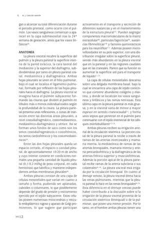 gan a alcanzar su total diferenciación durante
el periodo prenatal, como ocurre con el pul-
món. Los vasos sanguíneos comienzan a apa-
recer en la capa submesotelial tras la 24ª
semana de gestación, antes que los vasos lin-
fáticos(4).
ANATOMÍA
La pleura visceral recubre la superficie del
pulmón y la pleura parietal la superficie inter-
na de la pared torácica, la cara lateral del
mediastino y la superior del diafragma, sub-
dividiéndose por tanto en pleura parietal cos-
tal, mediastínica y diafragmática. Ambas
hojas pleurales se unen en el hilio pulmonar,
bajo el cual se localiza el ligamento pulmo-
nar, formado por reflexión de las hojas pleu-
rales hacia el diafragma. La pleura visceral se
invagina hacia el pulmón subyacente for-
mando las cisuras que dividen al pulmón en
lóbulos más o menos individualizados según
la profundidad de la cisura. La pleura parie-
tal presenta unas reflexiones, o zonas de tran-
sición entre las distintas áreas pleurales, a
nivel costodiafragmático, costomediastínico,
mediastínico-diafragmático y vértice. Así se
forman unos fondos de saco como son los
senos costodiafragmáticos o costofrénicos,
los senos cardiofrénicos y los costomediastí-
nicos(5).
Entre las dos hojas pleurales queda un
espacio cerrado, el espacio o cavidad pleu-
ral, de aproximadamente 10-20 m de ancho
y cuyo interior contiene en condiciones nor-
males una pequeña cantidad de líquido pleu-
ral (0,1-0,2 ml/kg de peso corporal, en cada
hemitórax) que lubrifica y mantiene indepen-
dientes ambas membranas pleurales(6).
Ambas pleuras constan de una capa de
células mesoteliales que varían en cuanto a
tamaño y forma, pudiendo ser aplanadas,
cuboides o columnares, lo que posiblemente
depende del grado de presión y estiramiento
ejercido por el tejido subyacente. Estas célu-
las poseen numerosas mitocondrias y retícu-
lo endoplásmico rugoso y aparato de Golgi pro-
minentes, lo que sugiere que participan
activamente en el transporte y secreción de
diferentes sustancias y en el mantenimiento
de la estructura pleural(7). Pueden segregar
componentes macromoleculares de la matriz
extracelular(8), partículas fagocíticas(9), sustan-
cias fibrinolíticas(10) y factores quimiotácticos
para los neutrófilos(11). Además poseen micro-
vellosidades en su polo superior, con una dis-
tribución irregular sobre la superficie pleural,
siendo más abundantes en la pleura visceral
que en la parietal y en las regiones caudales
que en las craneales. Parece que su función es
aumentar la superficie útil para el transporte
de líquido(1,12).
La capa de células mesoteliales descansa
sobre una delgada membrana basal, bajo la
cual se encuentra una capa de tejido conecti-
vo que contiene abundante colágeno y elas-
tina, y donde se localizan los vasos sanguí-
neos y linfáticos y las ramas nerviosas. Esta
última capa en la pleura parietal es más grue-
sa, y en la visceral varía de menor a mayor
espesor en sentido craneocaudal(1), y forma
unos septos que penetran en el pulmón para
continuarse con el tejido intersticial de los tabi-
ques interlobulillares(12,13).
Ambas pleuras reciben su irrigación arte-
rial de la circulación sistémica. La porción cos-
tal de la pleura parietal la recibe a través de
ramas de las arterias intercostales y mama-
ria interna, la mediastínica de ramas de las
arterias bronquiales, mamaria interna y arte-
ria pericardiofrénica y la diafragmática de las
arterias frénica superior y musculofrénicas.
Además la porción apical de la pleura parie-
tal recibe ramas de la arteria subclavia o sus
colaterales(6,14). La pleura visceral está irriga-
da por la circulación bronquial. En cuanto al
drenaje venoso, la pleura visceral drena hacia
las venas pulmonares, mientras que la pleu-
ra parietal lo hace en las venas bronquiales(6,15).
Esta diferencia en el drenaje venoso puede
haber contribuido a la discusión sobre si la
irrigación de la pleura visceral provenía de la
circulación sistémica (bronquial) o de la pul-
monar, que posee una menor presión. Por lo
tanto, en el hombre ambas pleuras tienen una
12
 M. J. CHILLÓN MARTÍN
Pleura 224p 9/7/13 10:22 Página 12
 