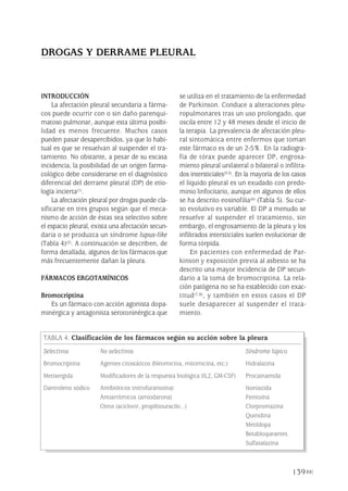 139
INTRODUCCIÓN
La afectación pleural secundaria a fárma-
cos puede ocurrir con o sin daño parenqui-
matoso pulmonar, aunque esta última posibi-
lidad es menos frecuente. Muchos casos
pueden pasar desapercibidos, ya que lo habi-
tual es que se resuelvan al suspender el tra-
tamiento. No obstante, a pesar de su escasa
incidencia, la posibilidad de un origen farma-
cológico debe considerarse en el diagnóstico
diferencial del derrame pleural (DP) de etio-
logía incierta(1).
La afectación pleural por drogas puede cla-
sificarse en tres grupos según que el meca-
nismo de acción de éstas sea selectivo sobre
el espacio pleural, exista una afectación secun-
daria o se produzca un síndrome lupus-like
(Tabla 4)(2). A continuación se describen, de
forma detallada, algunos de los fármacos que
más frecuentemente dañan la pleura.
FÁRMACOS ERGOTAMÍNICOS
Bromocriptina
Es un fármaco con acción agonista dopa-
minérgica y antagonista serotoninérgica que
se utiliza en el tratamiento de la enfermedad
de Parkinson. Conduce a alteraciones pleu-
ropulmonares tras un uso prolongado, que
oscila entre 12 y 48 meses desde el inicio de
la terapia. La prevalencia de afectación pleu-
ral sintomática entre enfermos que toman
este fármaco es de un 2-5%. En la radiogra-
fía de tórax puede aparecer DP, engrosa-
miento pleural unilateral o bilateral o infiltra-
dos intersticiales(3-5). En la mayoría de los casos
el líquido pleural es un exudado con predo-
minio linfocitario, aunque en algunos de ellos
se ha descrito eosinofilia(6) (Tabla 5). Su cur-
so evolutivo es variable. El DP a menudo se
resuelve al suspender el tratamiento, sin
embargo, el engrosamiento de la pleura y los
infiltrados intersticiales suelen evolucionar de
forma tórpida.
En pacientes con enfermedad de Par-
kinson y exposición previa al asbesto se ha
descrito una mayor incidencia de DP secun-
dario a la toma de bromocriptina. La rela-
ción patógena no se ha establecido con exac-
titud(7,8), y también en estos casos el DP
suele desaparecer al suspender el trata-
miento.
DROGAS Y DERRAME PLEURAL
TABLA 4. Clasificación de los fármacos según su acción sobre la pleura
Selectivos No selectivos Síndrome lúpico
Bromocriptina Agentes citostáticos (bleomicina, mitomicina, etc.) Hidralazina
Metisergida Modificadores de la respuesta biológica (IL2, GM-CSF) Procainamida
Dantroleno sódico Antibióticos (nitrofurantoína) Isoniazida
Antiarrítmicos (amiodarona) Fenitoína
Otros (aciclovir, propiltiouracilo...) Clorpromazina
Quinidina
Metildopa
Betabloqueantes
Sulfasalazina
Pleura 224p 9/7/13 10:23 Página 139
 