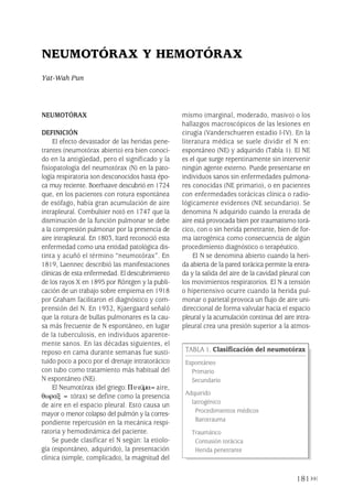 181
NEUMOTÓRAX
DEFINICIÓN
El efecto devastador de las heridas pene-
trantes (neumotórax abierto) era bien conoci-
do en la antigüedad, pero el significado y la
fisiopatología del neumotórax (N) en la pato-
logía respiratoria son desconocidos hasta épo-
ca muy reciente. Boerhaave descubrió en 1724
que, en los pacientes con rotura espontánea
de esófago, había gran acumulación de aire
intrapleural. Combulsier notó en 1747 que la
disminución de la función pulmonar se debe
a la compresión pulmonar por la presencia de
aire intrapleural. En 1803, Itard reconoció esta
enfermedad como una entidad patológica dis-
tinta y acuñó el término “neumotórax”. En
1819, Laennec describió las manifestaciones
clínicas de esta enfermedad. El descubrimiento
de los rayos X en 1895 por Röntgen y la publi-
cación de un trabajo sobre empiema en 1918
por Graham facilitaron el diagnóstico y com-
prensión del N. En 1932, Kjaergaard señaló
que la rotura de bullas pulmonares es la cau-
sa más frecuente de N espontáneo, en lugar
de la tuberculosis, en individuos aparente-
mente sanos. En las décadas siguientes, el
reposo en cama durante semanas fue susti-
tuido poco a poco por el drenaje intratorácico
con tubo como tratamiento más habitual del
N espontáneo (NE).
El Neumotórax (del griego: Πυεüµα=aire,
θωραξ = tórax) se define como la presencia
de aire en el espacio pleural. Esto causa un
mayor o menor colapso del pulmón y la corres-
pondiente repercusión en la mecánica respi-
ratoria y hemodinámica del paciente.
Se puede clasificar el N según: la etiolo-
gía (espontáneo, adquirido), la presentación
clínica (simple, complicado), la magnitud del
mismo (marginal, moderado, masivo) o los
hallazgos macroscópicos de las lesiones en
cirugía (Vanderschueren estadio I-IV). En la
literatura médica se suele dividir el N en:
espontáneo (NE) y adquirido (Tabla 1). El NE
es el que surge repentinamente sin intervenir
ningún agente externo. Puede presentarse en
individuos sanos sin enfermedades pulmona-
res conocidas (NE primario), o en pacientes
con enfermedades torácicas clínica o radio-
lógicamente evidentes (NE secundario). Se
denomina N adquirido cuando la entrada de
aire está provocada bien por traumatismo torá-
cico, con o sin herida penetrante, bien de for-
ma iatrogénica como consecuencia de algún
procedimiento diagnóstico o terapéutico.
El N se denomina abierto cuando la heri-
da abierta de la pared torácica permite la entra-
da y la salida del aire de la cavidad pleural con
los movimientos respiratorios. El N a tensión
o hipertensivo ocurre cuando la herida pul-
monar o parietal provoca un flujo de aire uni-
direccional de forma valvular hacia el espacio
pleural y la acumulación continua del aire intra-
pleural crea una presión superior a la atmos-
NEUMOTÓRAX Y HEMOTÓRAX
Yat-Wah Pun
TABLA 1. Clasificación del neumotórax
Espontáneo
Primario
Secundario
Adquirido
Iatrogénico
Procedimientos médicos
Barotrauma
Traumático
Contusión torácica
Herida penetrante
Pleura 224p 9/7/13 10:23 Página 181
 