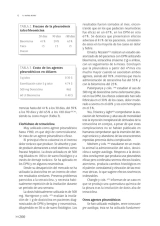 rrencias hasta del 41% a los 30 días, del 59%
a los 90 días y del 65% a los 180 días(30,36),
siendo su costo mayor (Tabla 3).
Clorhidrato de tetraciclina
Muy utilizado como agente pleurodésico
hasta 1980, en que dejó de comercializarse.
Se trata de un agente pleurodésico eficaz.
El principal efecto colateral es el intenso
dolor torácico que produce. Se absorbe y pue-
de producir alteraciones a nivel sistémico como
fracaso hepático. La dosis utilizada es de 500
mg diluidos en 100 cc de suero fisiológico y a
través de drenaje torácico. Se ha aplicado en
los DPM y en algunos neumotórax.
Desde su desaparición del mercado se ha
utilizado la doxiciclina en un intento de obte-
ner resultados similares. Presenta problemas
parecidos a la tetraciclina, y necesita habi-
tualmente repetición de la instilación durante
un periodo de una semana.
La dosis habitualmente utilizada es de 500
mg. Harrignton y cols. (43) evalúan la instila-
ción de 1 g de doxiciclina en pacientes diag-
nosticados de DPM y benigno y neumotórax,
diluyéndolo en 50 cc de suero fisiológico. Los
resultados fueron tomados al mes, encon-
trando que en los que padecían neumotórax
fue eficaz en un 67%, en los DPM en otro
67%. Se destaca que presentaron efectos
adversos el 81% de los pacientes, consistien-
do estos en la mayoría de los casos en dolor
y fiebre.
Emad y Rezaian(42) realizan un estudio ale-
atorizado de 60 pacientes con DPM utilizando
bleomicina, tetraciclina (máximo 2 g) o ambos,
con un seguimiento de 6 meses. Concluyen
que la pleurodesis a partir del 4ºmes era
mucho mayor cuando se asociaban ambos
agentes, siendo del 70%, mientras que tras la
administración de tetraciclina fue del 35% y
con la bleomicina del 25%.
Pulsiripunya y cols. (44) estudian el uso de
500 mg de doxiciclina como esclerosante pleu-
ral en los DPM, los efectos colaterales han sido
febrícula en el 30% de los casos, dolor mode-
rado a severo en el 60% y tos con hemoptisis
en el 3%.
Wu, Teixeira y Light(45) comprobaron la aso-
ciación de hemotórax y alta tasa de mortalidad
tras la inyección intrapleural de derivados de la
tetraciclina en conejos, a pesar de que estas
complicaciones no se habían publicado en
humanos comprobaron que la inserción del dre-
naje torácico y abandono de las toracocentesis
repetidas prevenía dicha complicación.
Mitchem y cols. (46) estudiaron en un mode-
lo animal la administración del talco, doxici-
clina o sangre autóloga. Respecto a la doxici-
clina concluyeron que producía una pleurodesis
eficaz pero conllevaba severos efectos locales;
asimismo, producía cambios histológicos en
el pulmón contralateral y elevación de las enzi-
mas séricas, lo que sugiere efectos sistémicos
indeseables.
Changle y cols. (47) informan de un caso en
que se produjo una quemadura química de
la pleura tras la instilación de dosis alta de
tetraciclina.
Otros agentes pleurodésicos
Se han utilizado múltiples, entre otros san-
gre autóloga, ésta se ha utilizado fundamen-
200
 N. MAÑES BONET
TABLA 2. Fracaso de la pleurodesis
talco/bleomicina
30 días 90 días 180 días
Bleomicina 41% 59% 65%
Talco 13 13 13
Diacon
TABLA 3. Costo de los agentes
pleurodésicos en dólares
5 g talco 0.30 $
Esterilización calor 5 g talco 4.74 $
500 mg Doxiciclina 86$
60 UI Bleomicina 1140 $
Pleura 224p 9/7/13 10:23 Página 200
 