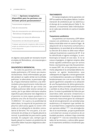 en algunos casos puede ser necesario recurrir
al empleo de fibrinolíticos, a la toracoscopia o
a la cirugía(20).
DIAGNÓSTICO DIFERENCIAL
No todos los pacientes con fiebre, infil-
trados pulmonares y DP tienen una neumo-
nía bacteriana. Otras enfermedades que pue-
den producir un cuadro similar son la embolia
pulmonar, la tuberculosis, la pancreatitis agu-
da, el lupus eritematoso sistémico y las enfer-
medades pleuropulmonares inducidas por
drogas. La posibilidad de que exista una
embolia pulmonar debe tenerse siempre en
cuenta, por lo que deben solicitarse estudios
específicos para descartar este diagnóstico si
el paciente no tiene esputo purulento o no
presenta una cifra de leucocitos superior a
15.000/mm3. En cuanto a la posibilidad de
tuberculosis, la mayoría de los pacientes con
pleuritis tuberculosa aguda no tienen infil-
trados en la radiografía en decúbito contra-
lateral al derrame. Por otra parte, si la con-
centración de amilasa en el líquido pleural es
normal, la posibilidad de pancreatitis queda
excluida. En cualquier caso, siempre que el
líquido pleural no muestre un predominio de
neutrófilos deben buscarse diagnósticos alter-
nativos(8,30).
TRATAMIENTO
El manejo terapéutico de los pacientes con
DPP se sustenta en dos pilares básicos, la admi-
nistración de antibióticos por vía sistémica y
el drenaje de la cavidad pleural (Tabla 3). No
obstante, el tratamiento debe individualizar-
se en cada caso teniendo en cuenta el estadio
del DPP.
Tratamiento antibiótico
Los pacientes con neumonía y DPP deben
tratarse con antibióticos. La selección anti-
biótica inicial debe tener en cuenta el lugar de
adquisición de la neumonía (comunitario u
hospitalario) y la severidad de la enfermedad.
La elección de la dosis no debe estar influen-
ciada por la presencia o ausencia de DP. Si se
ha identificado el agente etiológico, la anti-
bioterapia se basará en este dato. Si no se
conoce el patógeno, el régimen empírico debe
incluir aquellos antibióticos que son activos
frente a las bacterias que más frecuentemen-
te causan DPP. Así, en los pacientes con neu-
monía adquirida en la comunidad debería ins-
taurarse un agente betalactámico (una
cefalosporina de segunda o tercera generación
o un betalactámico asociado a un inhibidor de
betalactamasas) con o sin un macrólido. Una
opción igualmente aceptable es la utilización
de una fluorquinolona de última generación,
que posee buena actividad antineumocócica
y también es eficaz frente a los gérmenes atí-
picos. Si existe la posibilidad de infección por
anaerobios debe asociarse clindamicina o
metronidazol al tratamiento. En pacientes con
neumonía nosocomial grave las cefalospori-
nas de tercera generación con actividad antip-
seudomona o el imipenem (que también tie-
ne actividad frente a organismos anaerobios)
son opciones válidas(7,30,34). Los aminoglucósi-
dos no se recomiendan, ya que su penetración
y actividad son escasas en presencia de un
exudado purulento, acidosis o bajo contenido
de oxígeno(35,36). Una vez conocidos los resul-
tados de las tinciones y cultivos debe ajustar-
se el tratamiento antibiótico inicialmente pau-
tado.
74
 J. DE MIGUEL DÍEZ ET AL.
TABLA 3. Opciones terapéuticas
disponibles para los pacienes con
derrame pleural paraneumónicoa
Toracocentesis terapéutica
Tubo de toracostomía
Tubo de toracostomía con administración de
fibrinolíticos intrapleurales
Toracoscopia con rotura de adherencias
Toracotomía con decorticación pleural
aCualquier aproximación terapéutica debe incluir el
empleo de antibióticos para el tratamiento de la neu-
monía subyacente.
Pleura 224p 9/7/13 10:23 Página 74
 