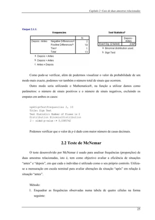 Capítulo 2: Caso de duas amostras relacionadas
.1:Output 2.1
Como pode-se verificar, ermos visualizar o valor da probabilidade de um
modo mais exacto, podemos ver também o número total de sinais que ocorrem.
parâmetr
empates
npmSignTestFrequencies 2, 10
além de pod
Outro modo seria utilizando o Mathematica®, na função a utilizar damos como
os: o número de sinais positivos e o número de sinais negativos, excluindo os
em ambos os casos:
Title: Sign Test
Test Statistic: Number of Pluses is 2
Distribution BinomialDistribution
2 - sided p- value - > 0.0385742
os verificar que o valor de p é dado com maior número de casas decimais.
2.2 Teste de McNemar
duas amostras relacionadas, isto é, tem como objectivo avaliar a eficiência de situações
que cada o indivíduo é utilizado como o seu próprio controlo. Utiliza-
se a m escala nominal para avaliar alterações da situação “após” em relação à
situação “antes”.
Podem
O teste desenvolvido por McNemar é usado para analisar frequências (proporções) de
“antes” e “depois”, em
ensuração em
Método:
1. Enquadrar as frequências observadas numa tabela de quatro células na forma
seguinte:
25
 