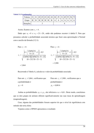 Capítulo 3: Caso de duas amostras independentes
Tabela 3.1.3 (continuação):
Valores 21 21 22 23 23 24 24 24 29 31 45 55 56 75
Grupo B B B B B B B A A A A A A A
Iterações 3 4
Assim, ficamos com 42 =r .
Dado que 81 =n e 20212 >=n , então não podemos recorrer à tabela F. Para que
possamos calcular a probabilidade associada teremos que fazer uma aproximação à Normal
com o auxilio da fórmula (3.2.1):
Para : Para41 =r 62 =r :
[ ]
)1218()218(
218)21)(8)(2()21)(8)(2(
5,01
218
)21)(8)(2(
4
2
1
−++
−−
−⎟
⎠
⎞
⎜
⎝
⎛
+
+
−
=z
864,3=
[ ]
)1218()218(
218)21)(8)(2()21)(8)(2(
5,01
218
)21)(8)(2(
6
2
2
−++
−−
−⎟
⎠
⎞
⎜
⎝
⎛
+
+
−
=z
908,2=
Recorrendo à Tabela A, calcula-se o valor da probabilidade associada:
Para um 864,31 ≥z , verificamos que
0=p
Para um 908,22 ≥z , verificamos que a
0014,0
a probabilidade é probabilidade é
1 2 =p
Ambas as probabilidades e , são inferiores a1p 2p 01,0=α . Deste modo, concluímos
que os dois grupos de animais diferem significativamente nas suas taxas de aprendizagem
(reaprendizagem).
e gnificância este
método não teria efeito.
Caso, alguma das probabilidades fossem superior do que o nível d si
Vejamos como o SPSS® apresentava o resultado:
36
 