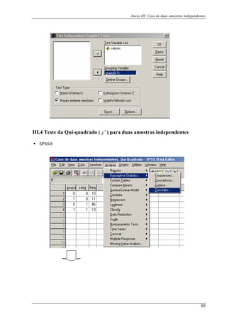 Anexo III: Caso de duas amostras independentes
III.4 Teste da Qui-quadrado ( ) para duas amostras independentes
SPSS®
2
χ
89
 