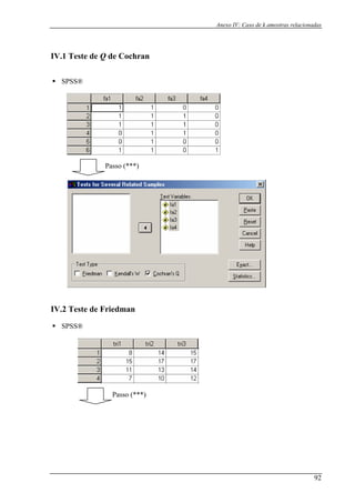 Anexo IV: Caso de k amostras relacionadas
IV.1 Teste de Q de Cochran
SPSS®
Passo (***)
IV.2 Teste de Friedman
SPSS®
Passo (***)
92
 