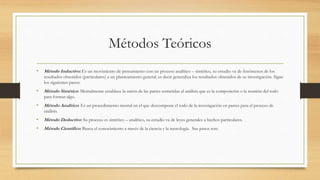 Métodos Teóricos
• Método Inductivo: Es un movimiento de pensamiento con un proceso analítico – sintético, su estudio va de fenómenos de los
resultados obtenidos (particulares) a un planteamiento general, es decir generaliza los resultados obtenidos de su investigación. Sigue
los siguientes pasos:
• Método Sintético: Mentalmente establece la unión de las partes sometidas al análisis que es la composición o la reunión del todo
para formar algo.
• Método Analítico: Es un procedimiento mental en el que descompone el todo de la investigación en partes para el proceso de
análisis.
• Método Deductivo: Su proceso es sintético – analítico, su estudio va de leyes generales a hechos particulares.
• Método Científico: Busca el conocimiento a través de la ciencia y la tecnología. Sus pasos son:
 