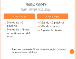 PROBIDAD ACADÉMICA
PLAGIO- RESPETAR IDEAS AJENAS.
 Menos de 40
palabras.
 Menos de 4 líneas.
 A continuación del
texto.
 Más de 40 palabras.
 Más de 4 líneas.
 A parte del texto.
Citas Cortas Citas Largas
Fuera del contenido: Notas al pie de página (números).
No contabilizar palabras.
 