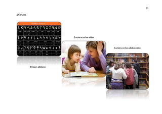11
ANEXOS
Primer alfabeto
Lectura en los niños
Lectura en los adolescentes
 