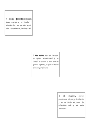 A mis padres: por sus consejos,
su apoyo incondicional y su
cariño; a quienes le debo todo lo
que he logrado, ya que ha hecho
de mi mejor persona.
A mis docentes, quienes
constituyen mi mayor inspiración
y es la razón de cada día
esforzarme más y ser mejor
estudiante.
A DIOS TODOPODEROSO,
quien gracias a su bondad y
misericordia, me permite seguir
vivo, cuidando a mi familia y a mí.
 