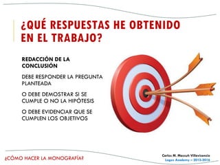 ¿CÓMO HACER LA MONOGRAFÍA?
Carlos M. Massuh Villavicencio
Logos Academy – 2015-2016
¿QUÉ RESPUESTAS HE OBTENIDO
EN EL TRABAJO?
REDACCIÓN DE LA
CONCLUSIÓN
DEBE RESPONDER LA PREGUNTA
PLANTEADA
O DEBE DEMOSTRAR SI SE
CUMPLE O NO LA HIPÓTESIS
O DEBE EVIDENCIAR QUE SE
CUMPLEN LOS OBJETIVOS
 