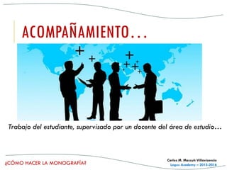 ¿CÓMO HACER LA MONOGRAFÍA?
Carlos M. Massuh Villavicencio
Logos Academy – 2015-2016
ACOMPAÑAMIENTO…
Trabajo del estudiante, supervisado por un docente del área de estudio…
 