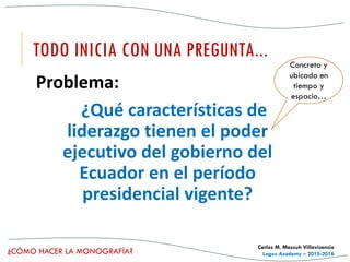 ¿CÓMO HACER LA MONOGRAFÍA?
Carlos M. Massuh Villavicencio
Logos Academy – 2015-2016
TODO INICIA CON UNA PREGUNTA...
Problema:
¿Qué características de
liderazgo tienen el poder
ejecutivo del gobierno del
Ecuador en el período
presidencial vigente?
Concreto y
ubicado en
tiempo y
espacio…
 
