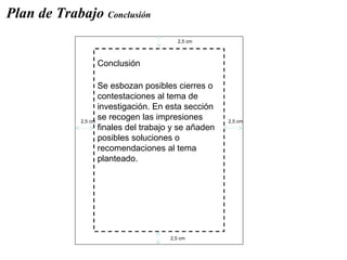 PORTADA ESTILO APA
2,5 cm 2,5 cm
2,5 cm
2,5 cm
Conclusión
Plan de Trabajo Conclusión
Se esbozan posibles cierres o
contestaciones al tema de
investigación. En esta sección
se recogen las impresiones
finales del trabajo y se añaden
posibles soluciones o
recomendaciones al tema
planteado.
 