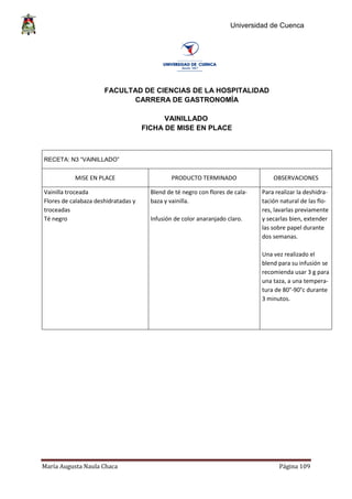 Universidad de Cuenca
María Augusta Naula Chaca Página 109
FACULTAD DE CIENCIAS DE LA HOSPITALIDAD
CARRERA DE GASTRONOMÍA
VAINILLADO
FICHA DE MISE EN PLACE
RECETA: N3 “VAINILLADO”
MISE EN PLACE PRODUCTO TERMINADO OBSERVACIONES
Vainilla troceada Blend de té negro con flores de cala- Para realizar la deshidra-
Flores de calabaza deshidratadas y baza y vainilla. tación natural de las flo-
troceadas res, lavarlas previamente
Té negro Infusión de color anaranjado claro. y secarlas bien, extender
las sobre papel durante
dos semanas.
Una vez realizado el
blend para su infusión se
recomienda usar 3 g para
una taza, a una tempera-
tura de 80°-90°c durante
3 minutos.
 
