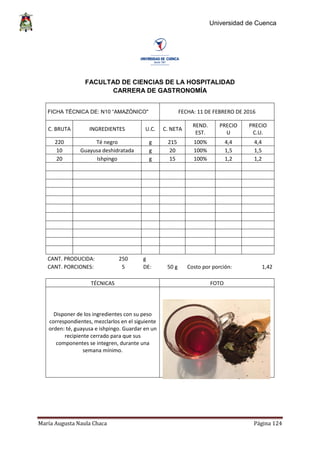 Universidad de Cuenca
María Augusta Naula Chaca Página 124
FACULTAD DE CIENCIAS DE LA HOSPITALIDAD
CARRERA DE GASTRONOMÍA
FICHA TÉCNICA DE: N10 “AMAZÓNICO" FECHA: 11 DE FEBRERO DE 2016
C. BRUTA INGREDIENTES U.C. C. NETA
REND.
EST.
PRECIO
U
PRECIO
C.U.
220 Té negro g 215 100% 4,4 4,4
10 Guayusa deshidratada g 20 100% 1,5 1,5
20 Ishpingo g 15 100% 1,2 1,2
CANT. PRODUCIDA: 250 g
CANT. PORCIONES: 5 DE: 50 g Costo por porción: 1,42
TÉCNICAS FOTO
Disponer de los ingredientes con su peso
correspondientes, mezclarlos en el siguiente
orden: té, guayusa e ishpingo. Guardar en un
recipiente cerrado para que sus
componentes se integren, durante una
semana mínimo.
 