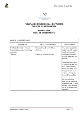 Universidad de Cuenca
María Augusta Naula Chaca Página 129
FACULTAD DE CIENCIAS DE LA HOSPITALIDAD
CARRERA DE GASTRONOMÍA
REFRESCANTE
FICHA DE MISE EN PLACE
RECETA: V3 “REFRESCANTE”
MISE EN PLACE PRODUCTO TERMINADO OBSERVACIONES
Frutilla deshidratada y triturada Blend de té verde con frutilla y Para realizar la deshidra-
Hojas de albahaca deshidratadas y albahaca. tación natural de la alba-
troceadas haca, lavarla y secarla
Té verde Infusión de color salmón claro bien, luego colgarla en
forma de atados por dos
semanas.
Para deshidratar la fruti-
lla, lavarla y secarla; cor-
tar su parte superior y
descartarla, cortar en lá-
minas, colocarlas en las
bandejas y deshidratar
durante 8 horas a 53°c.
Una vez realizado el
blend para su infusión se
recomienda usar 3 g para
una taza, a una tempera-
tura de 70°-80°c durante
2 minutos.
 