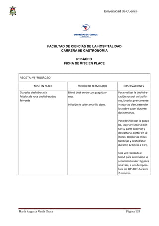 Universidad de Cuenca
María Augusta Naula Chaca Página 133
FACULTAD DE CIENCIAS DE LA HOSPITALIDAD
CARRERA DE GASTRONOMÍA
ROSÁCEO
FICHA DE MISE EN PLACE
RECETA: V5 “ROSÁCEO”
MISE EN PLACE PRODUCTO TERMINADO OBSERVACIONES
Guayaba deshidratada Blend de té verde con guayaba y Para realizar la deshidra-
Pétalos de rosa deshidratados rosa. tación natural de las flo-
Té verde res, lavarlas previamente
Infusión de color amarillo claro. y secarlas bien, extender
las sobre papel durante
dos semanas.
Para deshidratar la guaya
ba, lavarla y secarla; cor-
tar su parte superior y
descartarla, cortar en lá-
minas, colocarlas en las
bandejas y deshidratar
durante 12 horas a 53°c.
Una vez realizado el
blend para su infusión se
recomienda usar 3 g para
una taza, a una tempera-
tura de 70°-80°c durante
2 minutos.
 