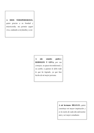 A DIOS TODOPODEROSO,
quien gracias a su bondad y
misericordia, me permite seguir
viva, cuidando a mi familia y a mí.
A mis amados padres:
RODOLFO Y GINA, por sus
consejos, su apoyo incondicional y
su cariño; a quienes le debo todo
lo que he logrado, ya que han
hecho de mi mejor persona.
A mi hermano BRAYAN, quien
constituye mi mayor inspiración y
es la razón de cada día esforzarme
más y ser mejor estudiante.
 