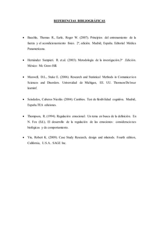 REFERENCIAS BIBLIOGRÁFICAS
 Baechle, Thomas R., Earle, Roger W. (2007). Principios del entrenamiento de la
fuerza y el acondicionamiento físico. 2ª, edición. Madrid, España. Editorial Médica
Panamericana.
 Hernández Sampieri. R. et.al. (2003). Metodología de la investigación.3ª .Edición.
México: Mc Graw-Hill.
 Maxwell, D.L., Stake E. (2006). Research and Statistical Methods in Comunication
Sciences and Disorders. Universidad de Michigan, EE. UU. Thomson/Delmar
learninf.
 Seisdedos, Cuberos Nicolás (2004). Cambios. Test de flexibilidad cognitiva. Madrid,
España.TEA ediciones.
 Thompson, R. (1994). Regulación emocional: Un tema en busca de la definición. En
N. Fox (Ed.), El desarrollo de la regulación de las emociones: consideraciones
biológicas y de comportamiento.
 Yin, Robert K. (2009). Case Study Research, design and mhetods. Fourth edition,
California, U.S.A.. SAGE Inc.
 