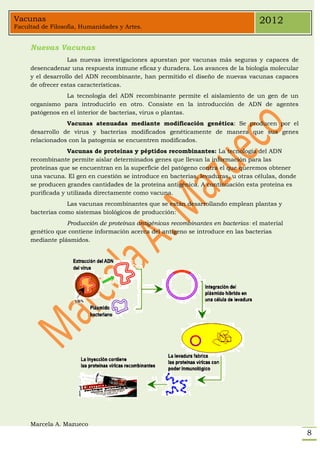 Vacunas                                                                            2012
Facultad de Filosofía, Humanidades y Artes.


     Nuevas Vacunas
                  Las nuevas investigaciones apuestan por vacunas más seguras y capaces de
     desencadenar una respuesta inmune eficaz y duradera. Los avances de la biología molecular
     y el desarrollo del ADN recombinante, han permitido el diseño de nuevas vacunas capaces
     de ofrecer estas características.
                 La tecnología del ADN recombinante permite el aislamiento de un gen de un
     organismo para introducirlo en otro. Consiste en la introducción de ADN de agentes
     patógenos en el interior de bacterias, virus o plantas.
                 Vacunas atenuadas mediante modificación genética: Se producen por el
     desarrollo de virus y bacterias modificados genéticamente de manera que sus genes
     relacionados con la patogenia se encuentren modificados.
                  Vacunas de proteínas y péptidos recombinantes: La tecnología del ADN
     recombinante permite aislar determinados genes que llevan la información para las
     proteínas que se encuentran en la superficie del patógeno contra el que queremos obtener
     una vacuna. El gen en cuestión se introduce en bacterias, levaduras, u otras células, donde
     se producen grandes cantidades de la proteína antigénica. A continuación esta proteína es
     purificada y utilizada directamente como vacuna.
                 Las vacunas recombinantes que se están desarrollando emplean plantas y
     bacterias como sistemas biológicos de producción:
                 Producción de proteínas antigénicas recombinantes en bacterias: el material
     genético que contiene información acerca del antígeno se introduce en las bacterias
     mediante plásmidos.




     Marcela A. Mazueco
                                                                                                   8
 