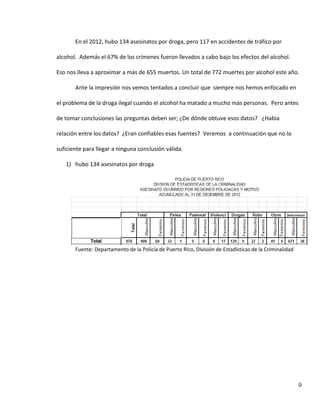 9
En el 2012, hubo 134 asesinatos por droga, pero 117 en accidentes de tráfico por
alcohol. Además el 67% de los crímenes fueron llevados a cabo bajo los efectos del alcohol.
Eso nos lleva a aproximar a más de 655 muertos. Un total de 772 muertes por alcohol este año.
Ante la impresión nos vemos tentados a concluir que siempre nos hemos enfocado en
el problema de la droga ilegal cuando el alcohol ha matado a mucho más personas. Pero antes
de tomar conclusiones las preguntas deben ser; ¿De dónde obtuve esos datos? ¿Había
relación entre los datos? ¿Eran confiables esas fuentes? Veremos a continuación que no lo
suficiente para llegar a ninguna conclusión válida.
1) hubo 134 asesinatos por droga
Fuente: Departamento de la Policía de Puerto Rico, División de Estadísticas de la Criminalidad
 
