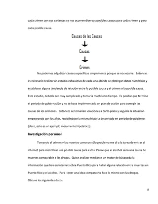 8
cada crimen con sus variantes se nos ocurren diversas posibles causas para cada crimen y para
cada posible causa.
No podemos adjudicar causas específicas simplemente porque se nos ocurre. Entonces
es necesario realizar un estudio exhaustivo de cada una, donde se obtengan datos numéricos y
establecer alguna tendencia de relación entre la posible causa y el crimen o la posible causa.
Este estudio, debería ser muy complicado y tomaría muchísimo tiempo. Es posible que termine
el periodo de gobernación y no se haya implementado un plan de acción para corregir las
causas de los crímenes. Entonces se tomarían soluciones a corto plazo y seguiría la situación
empeorando con los años, repitiéndose la misma historia de periodo en periodo de gobierno
(claro, esto es un ejemplo meramente hipotético).
Investigación personal
Tomando el crimen y las muertes como un sólo problema me di a la tarea de entrar al
internet para identificar una posible causa para éstos. Pensé que el alcohol sería una causa de
muertes comparable a las drogas. Quise analizar mediante un motor de búsqueda la
información que hay en internet sobre Puerto Rico para hallar alguna relación entre muertes en
Puerto Rico y el alcohol. Para tener una idea comparativa hice lo mismo con las drogas.
Obtuve los siguientes datos:
 