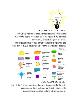 CODING Y ALGORITMOS:
Hoy 28 de enero del 2016 aprendí muchas cosas sobre
CODING, como los símbolos y las reglas. Esto a mí me
parece muy importante para el futuro.
Para empezar pude relacionar el conocimiento previo que
tenía con el nuevo adquirido que me va a ayudar de muchas
formas.
DIAGRAMAS DE FLUJO:
Hoy 7 de Febrero, hicimos diferentes diagramas de flujo: El
diagrama de flujo o diagrama de actividades es la
representación gráfica del algoritmo o proceso.
 