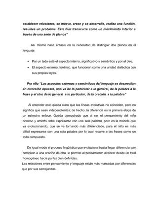 establecer relaciones, se mueve, crece y se desarrolla, realiza una función,
resuelve un problema. Este fluir transcurre como un movimiento interior a
través de una serie de planos”


       Así mismo hace énfasis en la necesidad de distinguir dos planos en el
lenguaje:


   •   Por un lado está el aspecto interno, significativo y semántico y por el otro,
   •   El aspecto externo, fonético, que funcionan como una unidad dialéctica con
       sus propias leyes.


   Por ello “Los aspectos externos y semánticos del lenguaje se desarrollan
en dirección opuesta, uno va de lo particular a lo general, de la palabra a la
frase y el otro de lo general a lo particular, de la oración a la palabra”


    Al entender esto queda claro que las líneas evolutivas no coinciden, pero no
significa que sean independientes; de hecho, la diferencia es la primera etapa de
un estrecho enlace. Queda demostrado que al ser el pensamiento del niño
borroso y amorfo debe expresarse con una sola palabra, pero en la medida que
va evolucionando, que se va tornando más diferenciado, para el niño es más
difícil expresarse con una sola palabra por lo cual recurre a las frases como un
todo compuesto.


   De igual modo el proceso lingüístico que evoluciona hasta llegar diferenciar por
completo a una oración de otra, le permite al pensamiento avanzar desde un total
homogéneo hacia partes bien definidas.
Las relaciones entre pensamiento y lenguaje están más marcadas por diferencias
que por sus semejanzas.
 