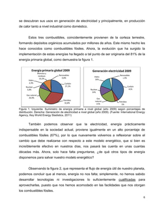 se descubran sus usos en generación de electricidad y principalmente, en producción
de calor tanto a nivel industrial como doméstico.


        Estos tres combustibles, coincidentemente provienen de la corteza terrestre,
formando depósitos orgánicos acumulados por millones de años. Este mismo hecho les
hace conocidos como combustibles fósiles. Ahora, la evolución que ha surgido la
implementación de estas energías ha llegado a tal punto de ser originaria del 81% de la
energía primaria global, como demuestra la figura 1.


           Energía primaria global 2009                       Generación electricidad 2009
                    Biomasa y
                     residuos    Renovables                                          Renovabke
                                                                Hidro
                      10,2%         0,8%                                                s 3%
        Hidro                                                   16%
        2,3%                          Carbón
     Nuclear                          27,2%                                                    Carbón
      5,8%                                                  Nuclear                             41%
                                                             14%
      Gas natural
        20,9%                                                    Gas
                                     Petróleo                   natural             Petróleo
                                      32,8%                      21%                  5%

Figura 1. Izquierda: Suministro de energía primaria a nivel global (año 2009) según porcentajes de
distribución. Derecha: Generación de electricidad a nivel global (año 2009). (Fuente: International Energy
Agency, Key World Energy Stadistics, 2011)


        También podemos observar que la electricidad, energía prácticamente
indispensable en la sociedad actual, proviene igualmente en un alto porcentaje de
combustibles fósiles (67%), por lo que nuevamente volvemos a reflexionar sobre el
cambio que debe realizarse con respecto a este modelo energético, que si bien es
increíblemente efectivo en nuestros días, nos pasará las cuenta en unas cuantas
décadas más. Ahora, solo hace falta preguntarse, ¿de qué otros tipos de energía
disponemos para salvar nuestro modelo energético?


        Observando la figura 2, que representa el flujo de energía útil de nuestro planeta,
podemos concluir que al menos, energía no nos falta; simplemente, no hemos sabido
desarrollar tecnologías ni investigaciones lo suficientemente cualificadas para
aprovecharlas, puesto que nos hemos acomodado en las facilidades que nos otorgan
los combustibles fósiles.
                                                                                                        6
 