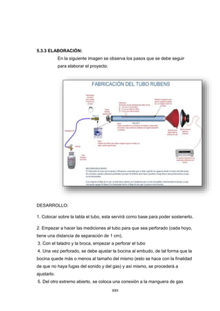 XXII
5.3.3 ELABORACIÓN:
En la siguiente imagen se observa los pasos que se debe seguir
para elaborar el proyecto.
DESARROLLO:
1. Colocar sobre la tabla el tubo, esta servirá como base para poder sostenerlo.
2. Empezar a hacer las mediciones al tubo para que sea perforado (cada hoyo,
tiene una distancia de separación de 1 cm).
3. Con el taladro y la broca, empezar a perforar el tubo
4. Una vez perforado, se debe ajustar la bocina al embudo, de tal forma que la
bocina quede más o menos al tamaño del mismo (esto se hace con la finalidad
de que no haya fugas del sonido y del gas) y así mismo, se procederá a
ajustarlo.
5. Del otro extremo abierto, se coloca una conexión a la manguera de gas
 