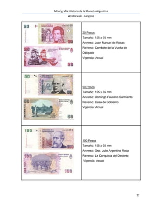 Monografía: Historia de la Moneda Argentina 
Wroblewski - Langone 
21 
20 Pesos 
Tamaño: 155 x 65 mm 
Anverso: Juan Manuel de Rosas 
Reverso: Combate de la Vuelta de 
Obligado 
Vigencia: Actual 
50 Pesos 
Tamaño: 155 x 65 mm 
Anverso: Domingo Faustino Sarmiento 
Reverso: Casa de Gobierno 
Vigencia: Actual 
100 Pesos 
Tamaño: 155 x 65 mm 
Anverso: Gral. Julio Argentino Roca 
Reverso: La Conquista del Desierto 
Vigencia: Actual 
 
