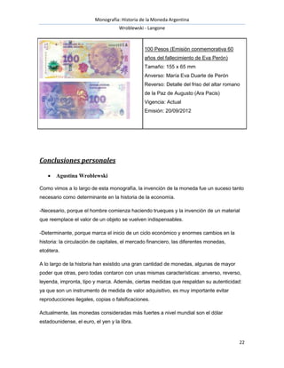 Monografía: Historia de la Moneda Argentina 
Wroblewski - Langone 
100 Pesos (Emisión conmemorativa 60 
años del fallecimi...