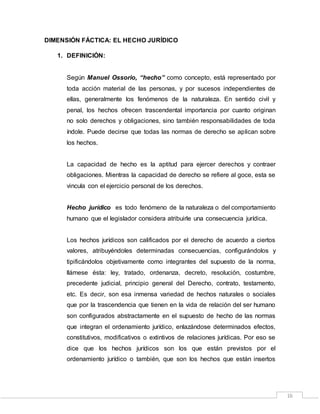 16
DIMENSIÓN FÁCTICA: EL HECHO JURÍDICO
1. DEFINICIÓN:
Según Manuel Ossorio, “hecho” como concepto, está representado por
toda acción material de las personas, y por sucesos independientes de
ellas, generalmente los fenómenos de la naturaleza. En sentido civil y
penal, los hechos ofrecen trascendental importancia por cuanto originan
no solo derechos y obligaciones, sino también responsabilidades de toda
índole. Puede decirse que todas las normas de derecho se aplican sobre
los hechos.
La capacidad de hecho es la aptitud para ejercer derechos y contraer
obligaciones. Mientras la capacidad de derecho se refiere al goce, esta se
vincula con el ejercicio personal de los derechos.
Hecho jurídico es todo fenómeno de la naturaleza o del comportamiento
humano que el legislador considera atribuirle una consecuencia jurídica.
Los hechos jurídicos son calificados por el derecho de acuerdo a ciertos
valores, atribuyéndoles determinadas consecuencias, configurándolos y
tipificándolos objetivamente como integrantes del supuesto de la norma,
llámese ésta: ley, tratado, ordenanza, decreto, resolución, costumbre,
precedente judicial, principio general del Derecho, contrato, testamento,
etc. Es decir, son esa inmensa variedad de hechos naturales o sociales
que por la trascendencia que tienen en la vida de relación del ser humano
son configurados abstractamente en el supuesto de hecho de las normas
que integran el ordenamiento jurídico, enlazándose determinados efectos,
constitutivos, modificativos o extintivos de relaciones jurídicas. Por eso se
dice que los hechos jurídicos son los que están previstos por el
ordenamiento jurídico o también, que son los hechos que están insertos
 