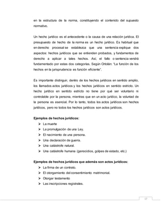 17
en la estructura de la norma, constituyendo el contenido del supuesto
normativo.
Un hecho jurídico es el antecedente o la causa de una relación jurídica. El
presupuesto de hecho de la norma es un hecho jurídico. Es habitual que
en derecho procesal se establezca que una sentencia explique dos
aspectos: hechos jurídicos que se entienden probados, y fundamentos de
derecho a aplicar a tales hechos. Así, el fallo o sentencia vendrá
fundamentado por estas dos categorías. Según Ortolán: “La función de los
hechos en la jurisprudencia es función eficiente”.
Es importante distinguir, dentro de los hechos jurídicos en sentido amplio,
los llamados actos jurídicos y los hechos jurídicos en sentido estricto. Un
hecho jurídico en sentido estricto no tiene por qué ser voluntario ni
controlable por la persona, mientras que en un acto jurídico, la voluntad de
la persona es esencial. Por lo tanto, todos los actos jurídicos son hechos
jurídicos, pero no todos los hechos jurídicos son actos jurídicos.
Ejemplos de hechos jurídicos:
 La muerte
 La promulgación de una Ley.
 El nacimiento de una persona.
 Una declaración de guerra.
 Una catástrofe natural.
 Una catástrofe humana (genocidios, golpes de estado, etc.)
Ejemplos de hechos jurídicos que además son actos jurídicos:
 La firma de un contrato.
 El otorgamiento del consentimiento matrimonial.
 Otorgar testamento
 Las inscripciones registrales.
 