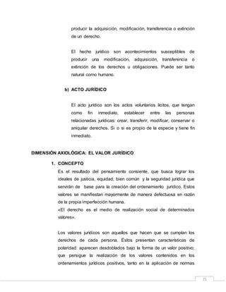 21
producir la adquisición, modificación, transferencia o extinción
de un derecho.
El hecho jurídico son acontecimientos susceptibles de
producir una modificación, adquisición, transferencia o
extinción de los derechos u obligaciones. Puede ser tanto
natural como humano.
b) ACTO JURÍDICO
El acto jurídico son los actos voluntarios lícitos, que tengan
como fin inmediato, establecer entre las personas
relacionadas jurídicas: crear, transferir, modificar, conservar o
aniquilar derechos. Si o si es propio de la especie y tiene fin
inmediato.
DIMENSIÓN AXIOLÓGICA: EL VALOR JURÍDICO
1. CONCEPTO
Es el resultado del pensamiento consiente, que busca lograr los
ideales de justicia, equidad, bien común y la seguridad jurídica que
servirán de base para la creación del ordenamiento jurídico. Estos
valores se manifiestan mayormente de manera defectuosa en razón
de la propia imperfección humana.
«El derecho es el medio de realización social de determinados
valores».
Los valores jurídicos son aquellos que hacen que se cumplan los
derechos de cada persona. Éstos presentan características de
polaridad: aparecen desdoblados bajo la forma de un valor positivo;
que persigue la realización de los valores contenidos en los
ordenamientos jurídicos positivos, tanto en la aplicación de normas
 