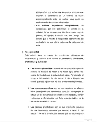 51
Código Civil que señala que los gastos y tributos que
originan la celebración de un contrato se divide
proporcionalmente entre las partes, salva pacto en
contrario entre los propios interesados.
2. Las normas dispositivas interpretativas: se
caracterizan por que determinan el sentido de la
voluntad de las personas que intervienen en un negocio
jurídico; por ejemplo el artículo 1387 del Código Civil
señala que la muerte o incapacidad sobreviniente del
destinatario de una oferta determina la caducidad de
esta.
i) Por su cualidad
Este criterio toma en cuenta las condiciones intrínsecas de
imperatividad y clasifica a las normas en permisivas, preceptivas,
prohibitivas y punitivas:
 Las normas permisivas: se caracterizan porque otorgan a la
persona la facultad de hacer o no hacer algo; señala una
esfera de libertad para la actividad del sujeto. Por ejemplo, el
inciso a del apartado 24 del artículo 2 de la Constitución
señala que todo aquello que no está prohibido está permitido.
 Las normas preceptivas: son las que mandan a ser algo es
decir, predisponen una determinada conducta. Por ejemplo, el
artículo 38 de la Constitución establece que respetar, cumplir
y defender la Constitución y el Ordenamiento Jurídico de la
Nación es un deber ciudadano.
 Las normas prohibitivas: son las que impiden la ejecución
de una determinada conducta; por ejemplo, el inciso 9 del
artículo 139 de la Constitución señala que es un principio y
 