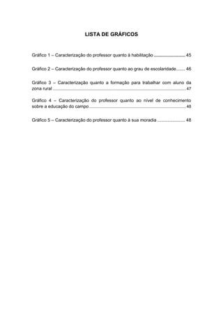 LISTA DE GRÁFICOS


Gráfico 1 – Caracterização do professor quanto à habilitação ............................ 45


Gráfico 2 – Caracterização do professor quanto ao grau de escolaridade ....... 46


Gráfico 3 – Caracterização quanto a formação para trabalhar com aluno da
zona rural ................................................................................................................................. 47

Gráfico 4 – Caracterização do professor quanto ao nível de conhecimento
sobre a educação do campo .............................................................................................. 48


Gráfico 5 – Caracterização do professor quanto à sua moradia ...................... 48
 