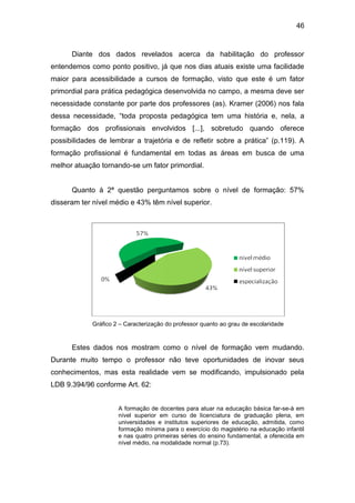 46


      Diante dos dados revelados acerca da habilitação do professor
entendemos como ponto positivo, já que nos dias atuais existe uma facilidade
maior para acessibilidade a cursos de formação, visto que este é um fator
primordial para prática pedagógica desenvolvida no campo, a mesma deve ser
necessidade constante por parte dos professores (as). Kramer (2006) nos fala
dessa necessidade, “toda proposta pedagógica tem uma história e, nela, a
formação dos profissionais envolvidos [...], sobretudo quando oferece
possibilidades de lembrar a trajetória e de refletir sobre a prática” (p.119). A
formação profissional é fundamental em todas as áreas em busca de uma
melhor atuação tornando-se um fator primordial.


      Quanto à 2ª questão perguntamos sobre o nível de formação: 57%
disseram ter nível médio e 43% têm nível superior.




             Gráfico 2 – Caracterização do professor quanto ao grau de escolaridade



      Estes dados nos mostram como o nível de formação vem mudando.
Durante muito tempo o professor não teve oportunidades de inovar seus
conhecimentos, mas esta realidade vem se modificando, impulsionado pela
LDB 9.394/96 conforme Art. 62:


                      A formação de docentes para atuar na educação básica far-se-à em
                      nível superior em curso de licenciatura de graduação plena, em
                      universidades e institutos superiores de educação, admitida, como
                      formação mínima para o exercício do magistério na educação infantil
                      e nas quatro primeiras séries do ensino fundamental, a oferecida em
                      nível médio, na modalidade normal (p.73).
 