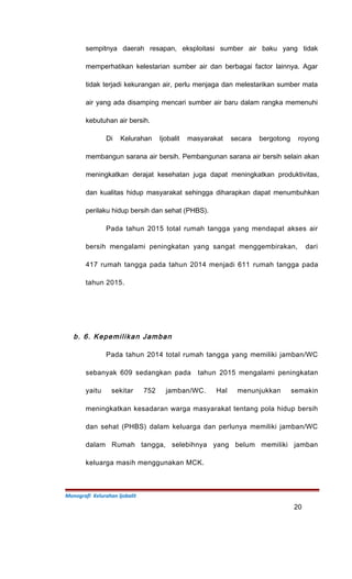 sempitnya daerah resapan, eksploitasi sumber air baku yang tidak
memperhatikan kelestarian sumber air dan berbagai factor lainnya. Agar
tidak terjadi kekurangan air, perlu menjaga dan melestarikan sumber mata
air yang ada disamping mencari sumber air baru dalam rangka memenuhi
kebutuhan air bersih.
Di Kelurahan Ijobalit masyarakat secara bergotong royong
membangun sarana air bersih. Pembangunan sarana air bersih selain akan
meningkatkan derajat kesehatan juga dapat meningkatkan produktivitas,
dan kualitas hidup masyarakat sehingga diharapkan dapat menumbuhkan
perilaku hidup bersih dan sehat (PHBS).
Pada tahun 2015 total rumah tangga yang mendapat akses air
bersih mengalami peningkatan yang sangat menggembirakan, dari
417 rumah tangga pada tahun 2014 menjadi 611 rumah tangga pada
tahun 2015.
b. 6. Kepemilikan Jamban
Pada tahun 2014 total rumah tangga yang memiliki jamban/WC
sebanyak 609 sedangkan pada tahun 2015 mengalami peningkatan
yaitu sekitar 752 jamban/WC. Hal menunjukkan semakin
meningkatkan kesadaran warga masyarakat tentang pola hidup bersih
dan sehat (PHBS) dalam keluarga dan perlunya memiliki jamban/WC
dalam Rumah tangga, selebihnya yang belum memiliki jamban
keluarga masih menggunakan MCK.
Monografi Kelurahan Ijobalit
20
 