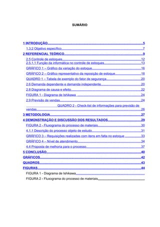 SUMÁRIO




1 INTRODUÇÃO...........................................................................................................5
   1.3.2 Objetivo específico...........................................................................................7
2 REFERENCIAL TEÓRICO........................................................................................9
   2.5 Controle de estoques........................................................................................12
   2.5.1.1 Função da informática no controle de estoques.........................................13
   GRÁFICO 1 – Gráfico da variação do estoque.......................................................16
   GRÁFICO 2 – Gráfico representativo da reposição de estoque.............................18
   QUADRO 1 – Tabela de exemplo do fator de segurança.......................................20
   2.6 Demanda dependente e demanda independente.............................................20
   2.8 Diagrama de causa e efeito...............................................................................22
   FIGURA 1 - Diagrama de Ishikawa .......................................................................24
   2.9 Previsão de vendas...........................................................................................24
                                 QUADRO 2 - Check-list de informações para previsão de
   vendas.....................................................................................................................26
3 METODOLOGIA......................................................................................................27
4 DEMONSTRAÇÃO E DISCUSSÃO DOS RESULTADOS.....................................29
   FIGURA 2 - Fluxograma do processo de materiais................................................30
   4.1.1 Descrição do processo objeto de estudo.......................................................31
   GRÁFICO 3 – Requisições realizadas com itens em falta no estoque ..................33
   GRÁFICO 4 – Nível de atendimento.......................................................................34
   4.4 Proposta de melhoria para o processo.............................................................37
5 CONCLUSÃO..........................................................................................................40
GRÁFICOS..................................................................................................................42
QUADROS..................................................................................................................43
FIGURAS....................................................................................................................44
   FIGURA 1 - Diagrama de Ishikawa.............................................................................
   FIGURA 2 - Fluxograma do processo de materiais....................................................
 