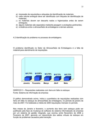 33



   a) impressão de requisições e etiquetas de identificação de materiais;
   b) cada volume entregue deve ser identificado com etiqueta de identificação de
      materiais;
   c) os materiais devem ser descarto nados e higienizados antes de serem
      entregues;
   d) alguns materiais são separados mediante pesagem e anotações pertinentes;
   e) à distância entre o almoxarifado de embalagens e demais setores;




4.2 Identificação do problema no processo de embalagens




O problema identificado no Setor de Almoxarifado de Embalagens é a falta de
material para atendimento de requisições.




                0,74%      0,90%      0,78%      0,73%       0,72%



           Janeiro    Fevereiro    Março       Abril      Maio



GRÁFICO 3 – Requisições realizadas com itens em falta no estoque
Fonte: Sistema de informação da empresa


O gráfico demonstrado acima, indica o quantitativo de requisições realizadas com
itens em falta no estoque do almoxarifado de embalagens, no período de janeiro de
maio de 2007. Foi totalizada a média de 3200 requisições mensais no período.


Nos meses de Janeiro e fevereiro, o aumento dos itens sem estoque pode ser
justificado pela fase de mudança de software do sistema informatizado da empresa
por um sistema de gestão integrado, que ocorreu entre Novembro de 2006 e
Fevereiro de 2007, gerando um descontrole dos saldos virtuais de estoque em
função de problemas causados pela transição.
 