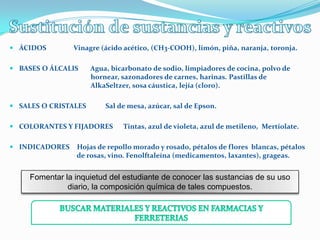  ÁCIDOS         Vinagre (ácido acético, (CH3-COOH), limón, piña, naranja, toronja.

 BASES O ÁLCALIS     Agua, bicarbonato de sodio, limpiadores de cocina, polvo de
                      hornear, sazonadores de carnes, harinas. Pastillas de
                      AlkaSeltzer, sosa cáustica, lejía (cloro).

 SALES O CRISTALES       Sal de mesa, azúcar, sal de Epson.

 COLORANTES Y FIJADORES       Tintas, azul de violeta, azul de metileno, Mertiolate.

 INDICADORES    Hojas de repollo morado y rosado, pétalos de flores blancas, pétalos
                 de rosas, vino. Fenolftaleína (medicamentos, laxantes), grageas.


     Fomentar la inquietud del estudiante de conocer las sustancias de su uso
               diario, la composición química de tales compuestos.
 