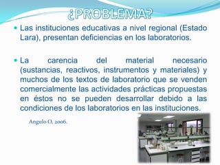  Las instituciones educativas a nivel regional (Estado
 Lara), presentan deficiencias en los laboratorios.

 La     carencia      del     material       necesario
 (sustancias, reactivos, instrumentos y materiales) y
 muchos de los textos de laboratorio que se venden
 comercialmente las actividades prácticas propuestas
 en éstos no se pueden desarrollar debido a las
 condiciones de los laboratorios en las instituciones.
       Angulo O, 2006.
 