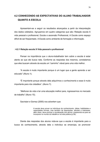 36



4.2 CONHECENDO AS EXPECTATIVAS DO ALUNO TRABALHADOR
    QUANTO A ESCOLA


      Apresentam-se a seguir os resultados alcançados a partir da interpretação
dos dados coletados. Agrupamos em quatro categorias que são: Relação escola X
vida pessoal e profissional, Escola e ascensão Profissional, A Escola como espaço
difícil de ser freqüentado. A Escola como ambiente de formação e informação.




: 4.2.1 Relação escola X Vida pessoal e profissional


      Pensar na importância que o aluno-trabalhador tem sobre a escola é estar
atento ao que ele busca nela. Conforme as respostas dos mesmos, constatamos
que eles buscam através da escola um “caminho” viável para uma vida melhor.


      “A escola é muito importante porque é um lugar que a gente aprende a ser
educado” (Aluno 1).


      “É importante porque através dela adquirimos o conhecimento e esse é muito
importante para nós cidadãos”. (Aluno 7).


      “Melhorar de vida e ter uma educação melhor para, ingressarmos no mercado
de trabalho” (Aluno 15).


      Sacristan e Gomez (2000) nos advertem que:


                      A escola deve prover os indivíduos de conhecimento, idéias, habilidades e
                      capacidades formais, mas também de disposições, atitudes e interesses,
                      além disso, deve priorizar a socialização dos alunos, preparando-os para se
                      incorporar no mundo do trabalho e na vida pública (p.36).



      Diante das respostas dos alunos nota-se que a escola é importante para a
busca do conhecimento, através dela o indivíduo se emancipa, ao promover
 