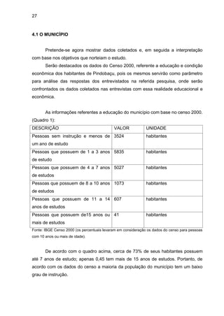 27



4.1 O MUNICÍPIO


       Pretende-se agora mostrar dados coletados e, em seguida a interpretação
com base nos objetivos que norteiam o estudo.
       Serão destacados os dados do Censo 2000, referente a educação e condição
econômica dos habitantes de Pindobaçu, pois os mesmos servirão como parâmetro
para análise das respostas dos entrevistados na referida pesquisa, onde serão
confrontados os dados coletados nas entrevistas com essa realidade educacional e
econômica.


       As informações referentes a educação do município com base no censo 2000.
(Quadro 1):
DESCRIÇÃO                                   VALOR             UNIDADE
Pessoas sem instrução e menos de 3524                         habitantes
um ano de estudo
Pessoas que possuem de 1 a 3 anos 5835                        habitantes
de estudo
Pessoas que possuem de 4 a 7 anos 5027                        habitantes
de estudos
Pessoas que possuem de 8 a 10 anos 1073                       habitantes
de estudos
Pessoas que possuem de 11 a 14 607                            habitantes
anos de estudos
Pessoas que possuem de15 anos ou 41                           habitantes
mais de estudos
Fonte: IBGE Censo 2000 (os percentuais levaram em consideração os dados do censo para pessoas
com 10 anos ou mais de idade).



       De acordo com o quadro acima, cerca de 73% de seus habitantes possuem
até 7 anos de estudo; apenas 0,45 tem mais de 15 anos de estudos. Portanto, de
acordo com os dados do censo a maioria da população do município tem um baixo
grau de instrução.
 
